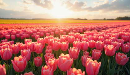 Spring tulip field with soft pink flowers and a sunset background