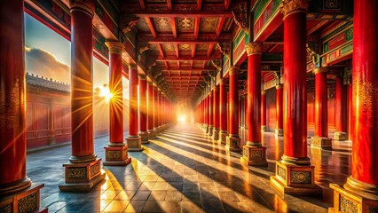 Ancient Temple Corridor: Golden Sunlight & Red Columns - Long Exposure Stock Photo