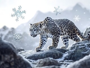 Fototapeta premium Majestic Leopard Traversing Snowy Peak in Captivating Winter Landscape