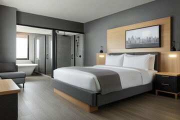 Modern hotel room with king-size bed, bathroom, and city view. Possible use Stock photo for hotel advertising