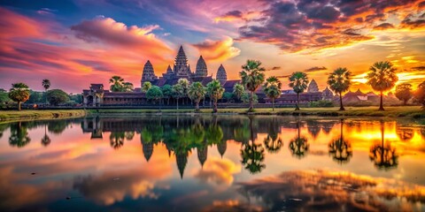 Obraz premium Angkor Wat Sunrise: Serene Water Ripple Panorama