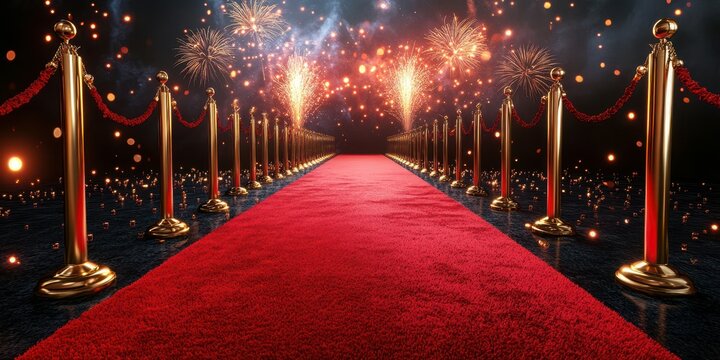 Red carpet event with fireworks display under night sky creating a festive atmosphere