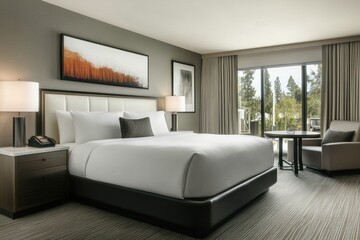 Modern hotel room with patio view, suitable for travel advertising