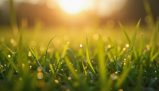 Morning dew on grass in a close-up view taken in a meadow at sunrise