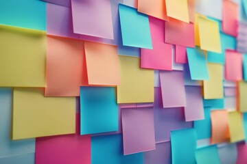 A close-up of a wall covered in various sizes and colors of sticky notes, A pack of sticky notes in various sizes and colors