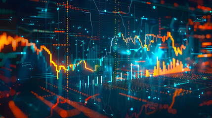 Abstract financial data visualization dynamic charts glowing lines stock market analysis