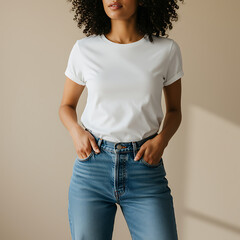 Woman Wearing White T-Shirt and Jeans with Hands in Pockets