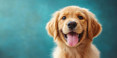 Happy golden retriever puppy smiling with bright eyes and a playful demeanor in a serene setting