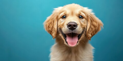 Happy golden retriever puppy with a bright smile against a blue background in a cheerful indoor setting
