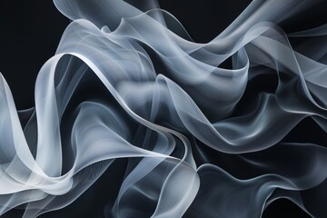 Obraz premium A close-up image of abstract gray and white fabric swirls on a black background, Abstract shapes in shades of gray and white on a black background