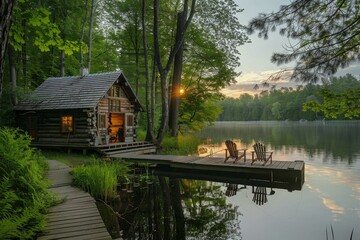 Fototapeta premium A tranquil lakeside cabin with a wooden dock and two chairs, perfect for enjoying a peaceful sunset, A serene lakeside cabin with a dock for fishing
