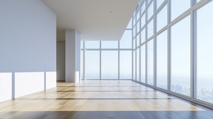Obraz premium Sunlit empty modern room with panoramic city view.