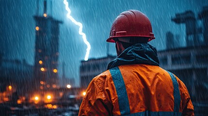 A construction worker observes a lightning storm during heavy rainfall.