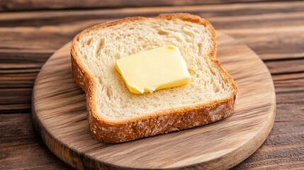A slice of bread topped with a pat of butter on a wooden board.