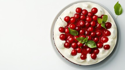 Delicious cherry cheesecake topped with fresh cherries and mint leaves.