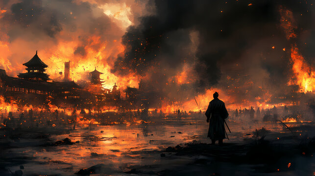 A fighter practicing iaido near a burning village, their calm focus contrasting with the chaos in the background. Chaos - Storm. Illustration