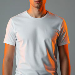 Man Wearing Simple White T-Shirt with Neutral Gray Background Showing Fit