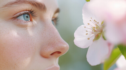 Naklejka premium Young caucasian female admiring blossoming pink cherry blossom close-up portrait