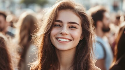 Fototapeta premium Beautiful Young Woman Smiling Outdoors Happy Girl Portrait Brown Hair Natural Light Summer Fashion Positive Emotion Bright Teeth Closeup Youthful 