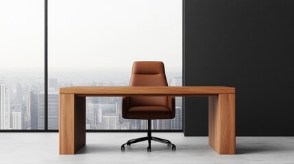 Fototapeta premium Modern office setup featuring a sleek desk with a comfortable chair and panoramic view.