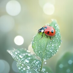 Ladybug on dew-covered leaf.