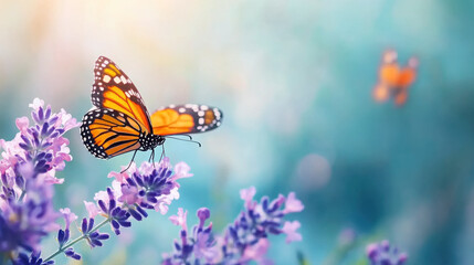 Monarch butterfly on lavender flowers in sunlit meadow