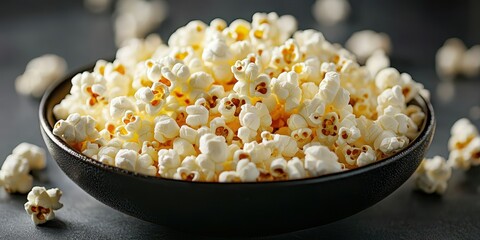Freshly popped popcorn in a black bowl on a dark surface with scattered kernels