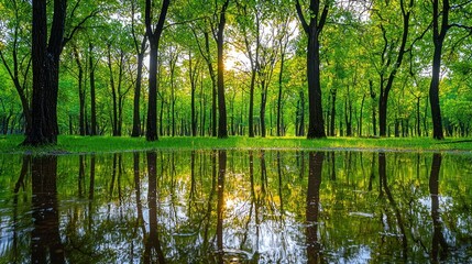 Lush green forest reflecting in a puddle after rain, sunlit.