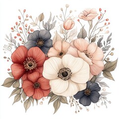 a vibrant watercolor bouquet of various flowers, showcasing an array of colors and delicate details