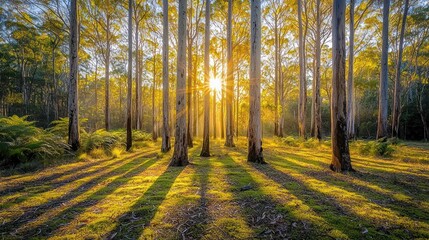 Fototapeta premium Golden sunset rays illuminate tall trees in a lush forest.