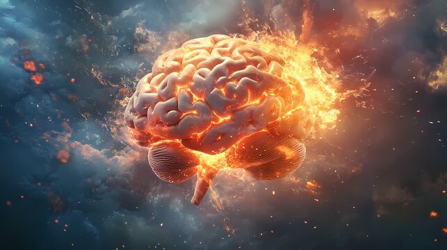 Concept art of a human brain exploding with knowledge and creativity. Chaos - Storm. Illustration