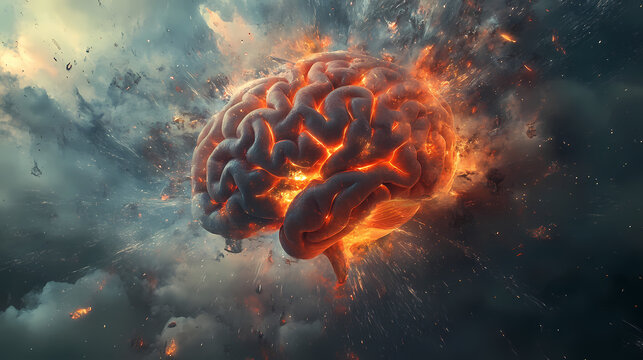 Concept art of a human brain exploding with knowledge and creativity. Chaos - Storm. Illustration