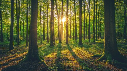 Fototapeta premium Sunbeams illuminate a lush green forest at sunrise.