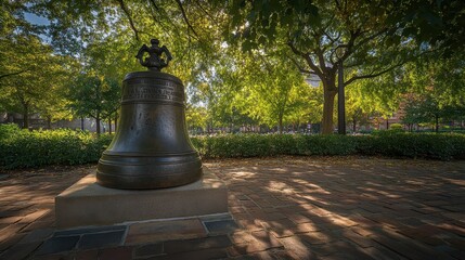 Obraz premium Historical liberty bell replica in sunlit park setting surrounded by lush greenery and brick pathway