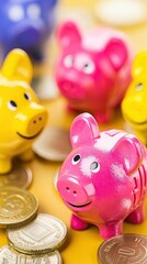 Obraz premium Colorful piggy banks with coins on yellow background. Possible use Saving money concept