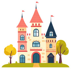 Colorful cartoon illustration of a majestic castle with multiple towers