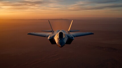 F-22 Raptor soars through golden skies, a testament to aerospace prowess