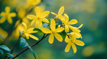 A close-up of forsythia flowers, with delicate yellow petals standing out against the backdrop of dark green leaves.