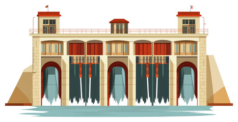 A cartoon illustration showing a water dam with flowing water
