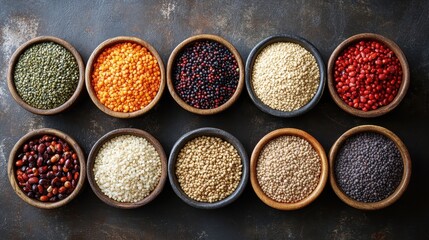 Assorted healthy grains and legumes in bowls on rustic surface
