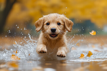 A cheerful puppy splashes through a shallow stream, water flying around as it plays. Surrounding autumn leaves float gently, creating a colorful and serene atmosphere in nature