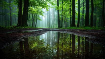 Fototapeta premium Misty forest path reflected in puddle.