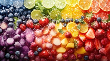Colorful array of fresh fruits with ice and citrus slices