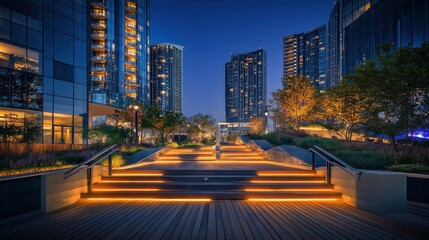 Fototapeta premium Modern urban park with illuminated steps and skyscrapers at night