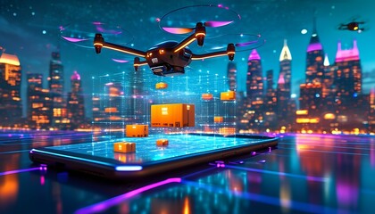 Drone delivery innovation urban cityscape digital art futuristic environment aerial view technology advancement