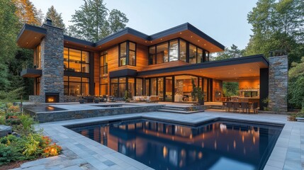 Fototapeta premium Modern luxury glass house with pool in serene forest setting