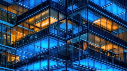 Fototapeta premium Illuminated modern glass skyscraper at night.