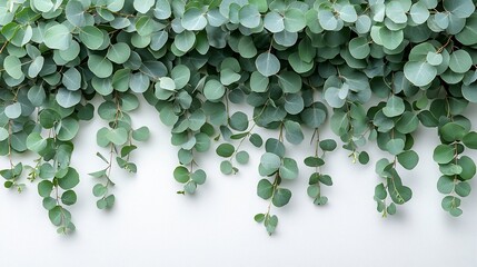 Lush eucalyptus branches cascading on white background.
