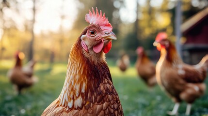 Hen in a sunlit farmyard surrounded by other chickens during golden hour
