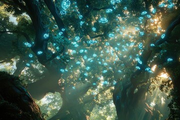 Fototapeta premium Enchanted forest with glowing orbs illuminating ancient trees in mystical sunlight.